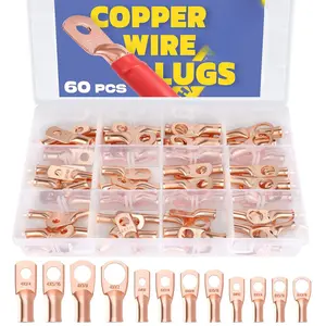 60 count Copper Wire Lugs Kit(AWG 8 6 4),Heavy Duty   End,Bare Copper Crimp Connectors,Eyelets Tubular Ring Terminals(4Sizes/12Types)