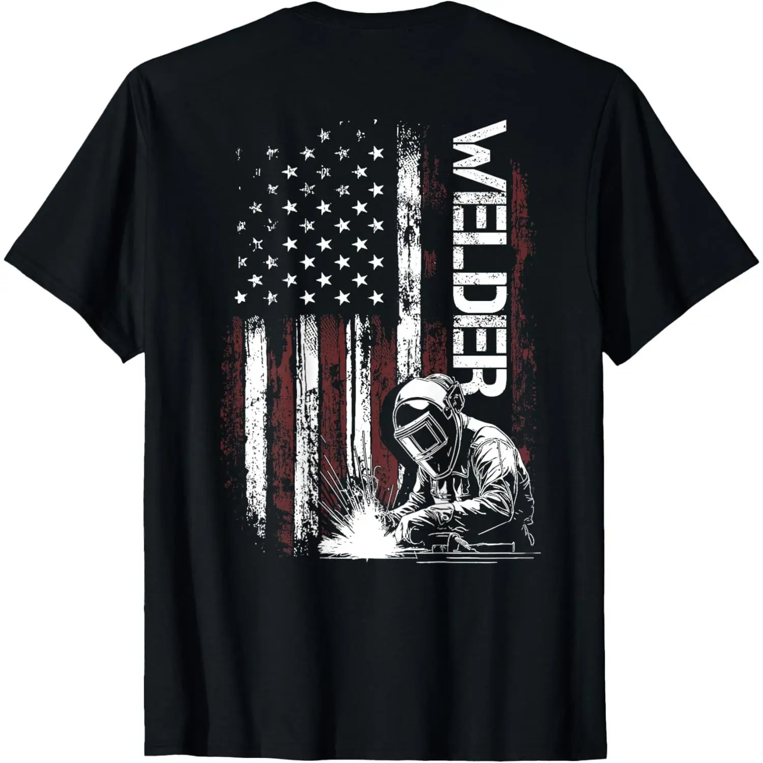 Welder Vintage USA American Flag Welding ON BACK T-Shirt,Made in USA Crew Necks ,Plain Tee, Soft