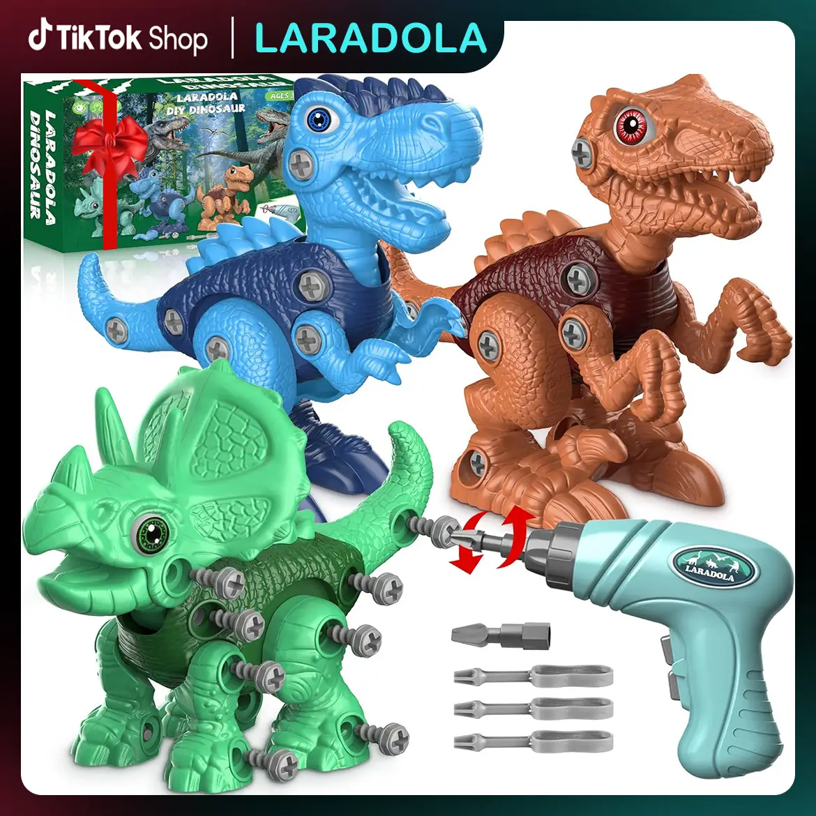 Laradola 3P Dinosaurs Toy Kit with Box & Electric Drill Gift for Kids, Take Apart Assemble STEM Dinos Playset- Construction Educational Animal Toys Ch