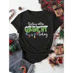 Summer Casual Printed T-Shirt "Feeling Extra GRINCHY Today" Christmas Graphic Tee For Daily & Holiday Wear Black Short Sleeve Round Neck 100% Cotton Soft Comfortable T-Shirt