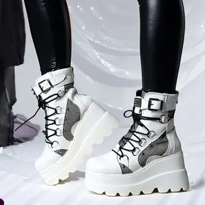 2025 New Trendy Platform Boots For Women, Lace Up Ankle Studded Buckle Goth Stacked Wedge Combat Ankle Boots