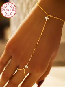 Elegant 925 Silver Color Four Leaf Clover Hand Chain Ring, Stylish Zirconia Jewelry for Women, Exquisite Trendy Bracelet, Perfect for Daily and Party Wear