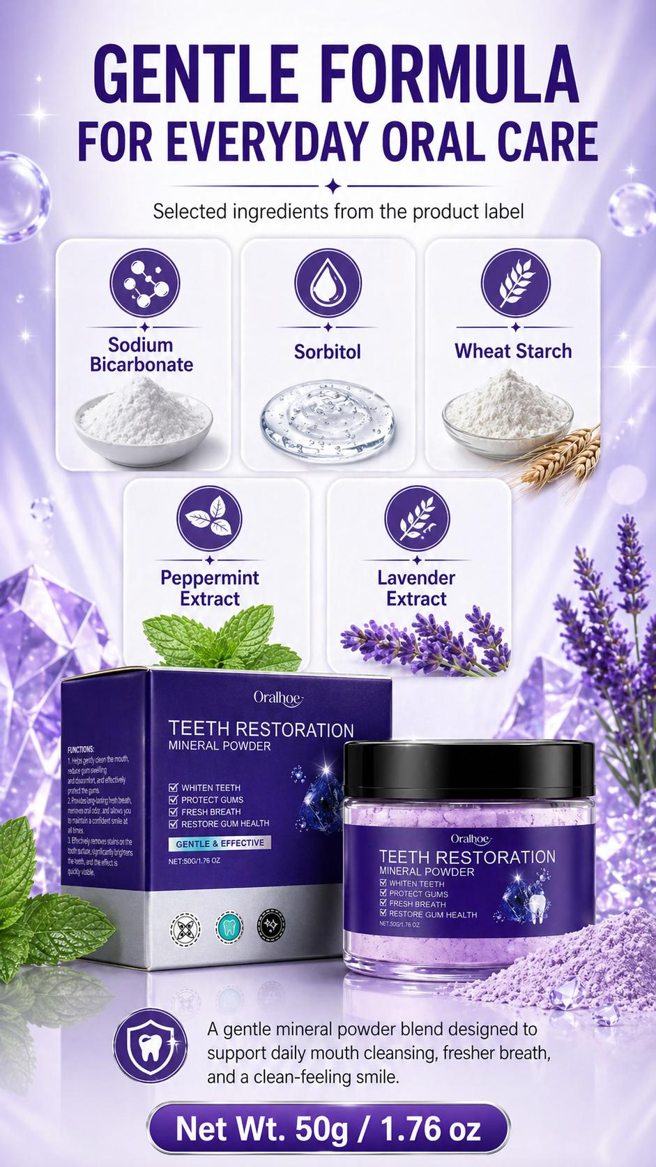 Hydroxyapatite Teeth Whitening Powder, Purple Mineral Tooth Powder for Yellow Teeth, Gentle Peroxide-Free Oral Care, Fresh Breath & Daily Gum Support