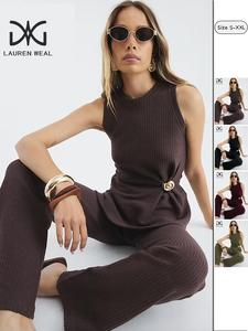 women’s casual loose textured sleeveless vest and wide leg pants set, stylish commuter for everyday wear, comfortable fashion ensemble