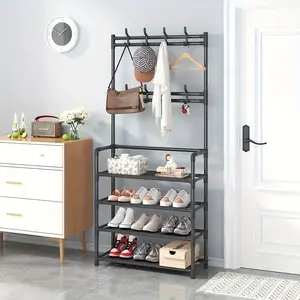 Metal Shoe Rack Tower, 1 Count Multi-layer Design Rack with 8 Hooks, Space Saving Shoe Organizer for Living Room, Bedroom and Home Office, Shelves, Shoe Coat Rack