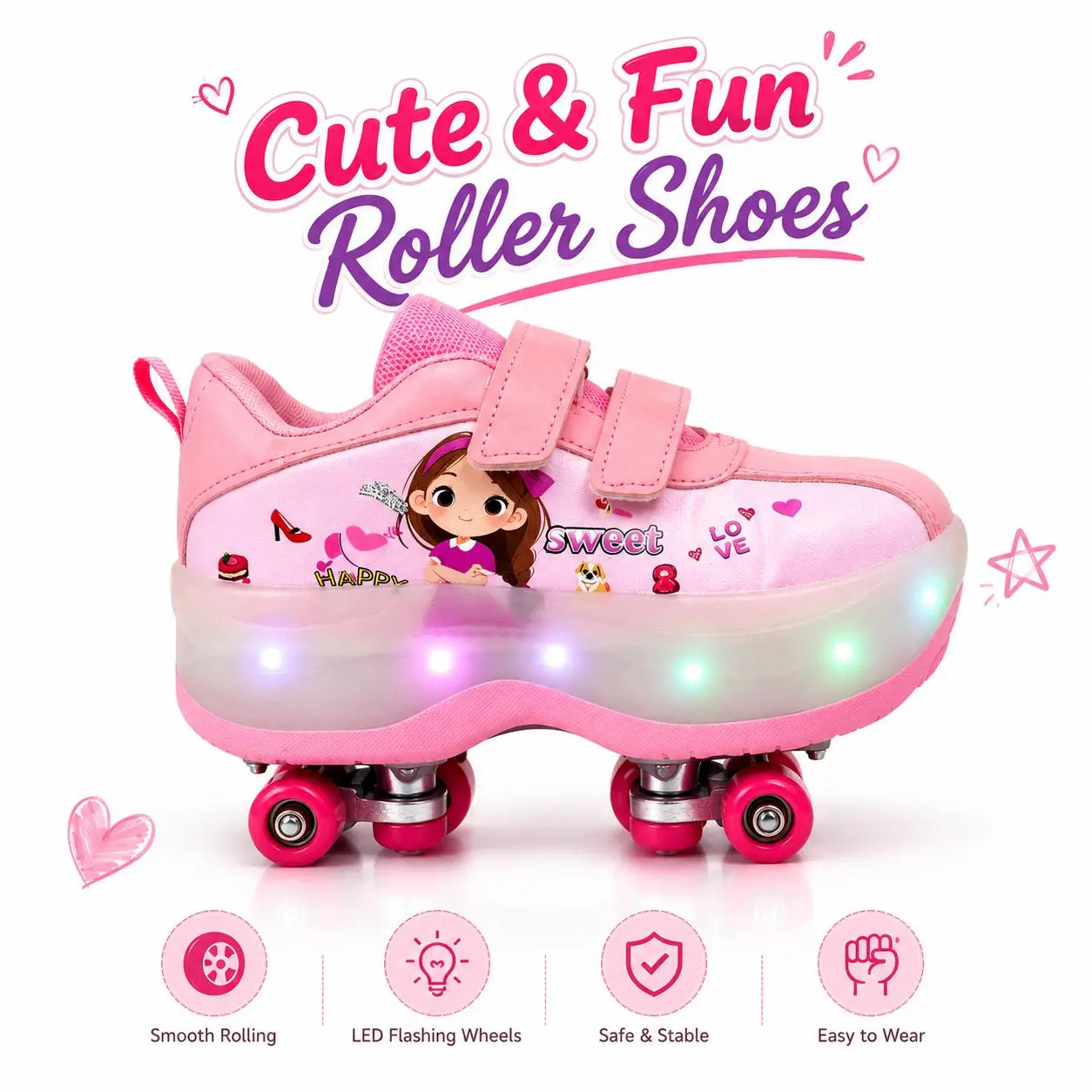 Girl's Cute Pink LED Light-Up Roller Mary Jane Shoes, Safe Skating Footwear, Ideal Kids' Gif
