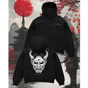 Oni Mask Heavyweight Hoodie - Black Fleece for Men, Long Sleeve, Regular Fit, Autumn Wear, Rock & Gothic Style