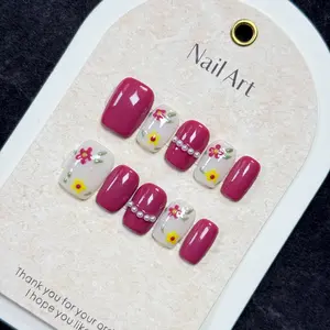 Luxury Nail Freedom! Raspberry Red Exquisite Hand-Painted Flower Press On Fake Nails, Reusable, Get Gentle Fairy Nails In 5 Mins, No Salon Needed