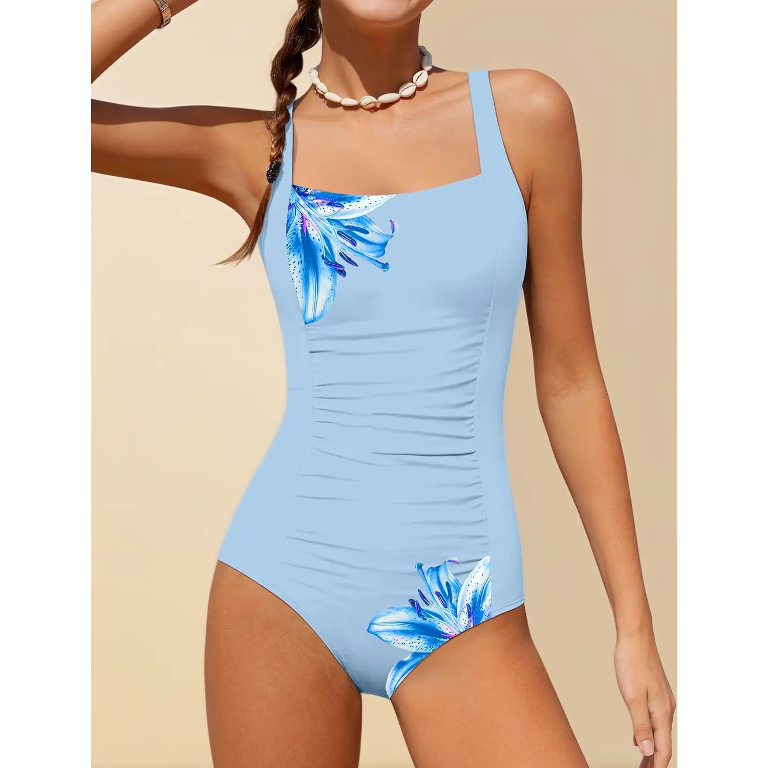 Color Block Girls Swimsuit One Piece – Ribbed Ruched Bathing Suit with Adjustable Straps & Removable Pads, Cute Tummy Control Swimwear
