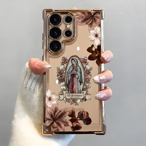 Retro Floral & Virgen Guadalupe Phone Case, Electroplated Cover with Airbag Shockproof Slim Soft TPU Cover for Samsung S26 S25 S24 S23 S22 Ultra S25Edge S24FE Plus S25+, Christian Faith Clear Case,  Religious Gift for Catholic Believers,Virgin Mary