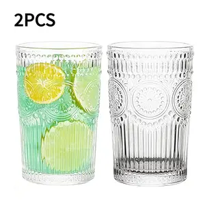 2pcs 350ML Vintage Glass Cups, Transparent Striped Design, Ideal for Beer, Cocktails, Ice Coffee, Dishwasher Safe, Perfect Gift