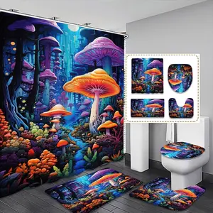 Mushroom Pattern Bathroom Set, Bathroom Accessory, Bathroom Decoration Accessories, 1 Waterproof Shower Curtain & 1 Toilet U-shape Mat & 1 Rectangular Mat, Bathroom Decor Supplies for Home Hotel Salon Dormitory