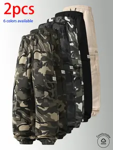 2-pack men’s long pants: camouflage cargo jogger pants with an elastic drawstring waistband and large side pockets; loose fit that doesn’t constrict the legs. Available in multiple colors; suitable for outdoor hiking and camping, everyday streetwear, shor