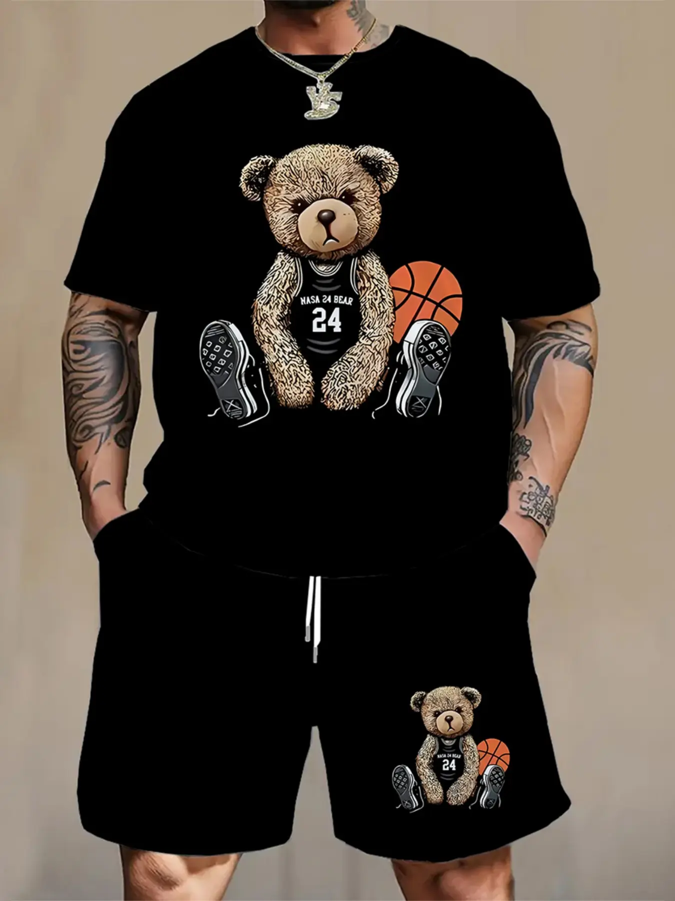 Men's Large Size Casual Sports Style Bear Pattern T-Shirt Set, Short Sleeve Fitted Round Neck Tee, All Seasons Wear, Two-Piece Outfit, Matching Menswear Fitted Design, Clothing Sets
