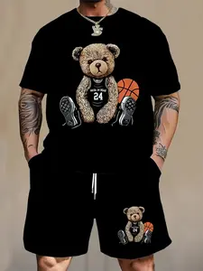 Men's Large Size Casual Sports Style Bear Pattern T-Shirt Set, Short Sleeve Fitted Round Neck Tee, All Seasons Wear, Two-Piece Outfit, Matching Menswear
