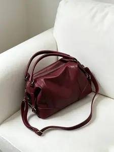 2026 New Boston Handbag, Wine PU Leather, Adjustable Size, Casual Style, Large Capacity, Perfect for Parties, Shopping, Travel, Casual Shoulder Bag