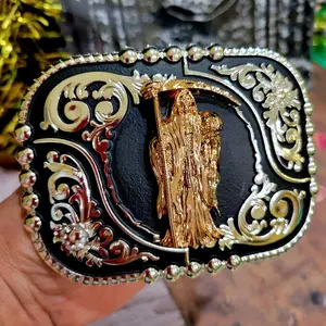 Santa Muerte Belt Buckle Cowboy Design with Centre Holy Death figure High-Quality Zinc Alloy, Silver, Black, and rose Gold.