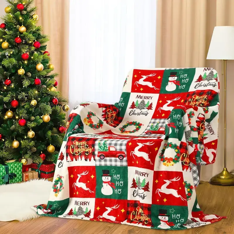 Soft Funny Throw Blanket Christmas Holiday Soft Plush Fleece Throw Blanket, Festive Reindeer-Snowman Patchwork Bedding, Winter Home Decor, Cozy Holiday Gift