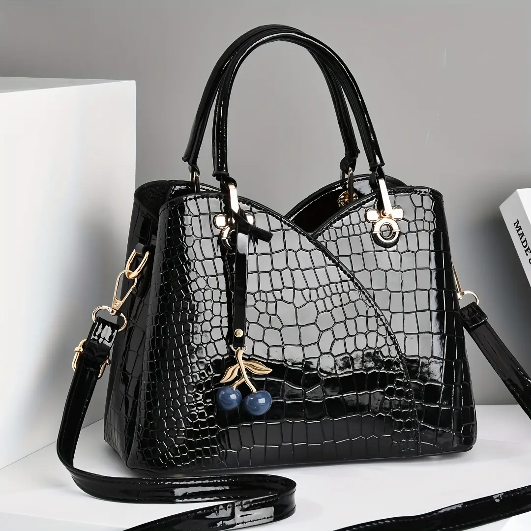 A Compact Women'S Handbag That Can Be Used As a Shoulder Or Crossbody Bag for Outings, Featuring a Classic Shiny Crocodile-Embossed Design