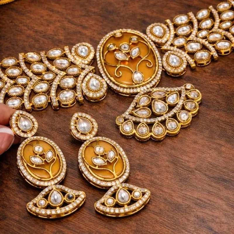 22K Gold Plated 2- Piece Premium Kundan Statement Necklace Set |  Moissanite Stones #2303