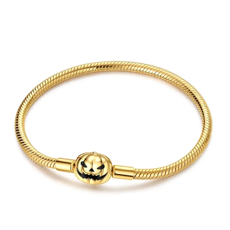 MULA Gold Charm Bracelet, Halloween Pumpkin Lantern Snake Chain, Women's, 14K Gold Plated Hypoallergenic Jewelry, Gift for Girls and Teens, Compatible with Pandora Charms