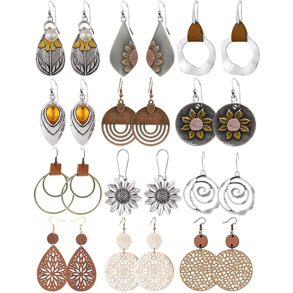 12 Pairs Boho Vintage Geometric Round Earrings Wooden Leather Earrings Ethnic Style Vintage Sunflower Earrings Christmas Earrings for Women Jewelry Dangle
