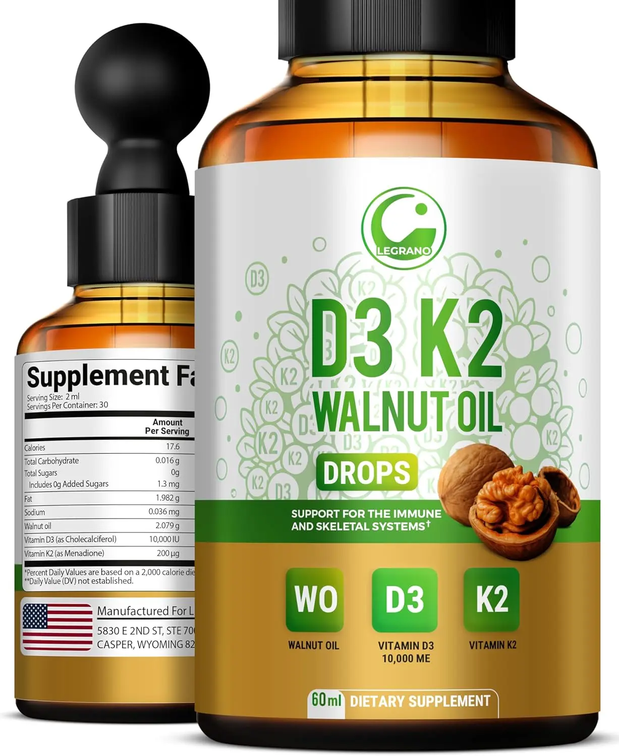 Liquid Vitamin D3 K2 Drops 10000 IU with Walnut Oil – High Potency Liquid Vitamin D3 with Vitamin K2 (MK7) 200 mcg | D3 K2 Supplement for Men & Women | Bones, Muscles & Immune Support | Non-GMO