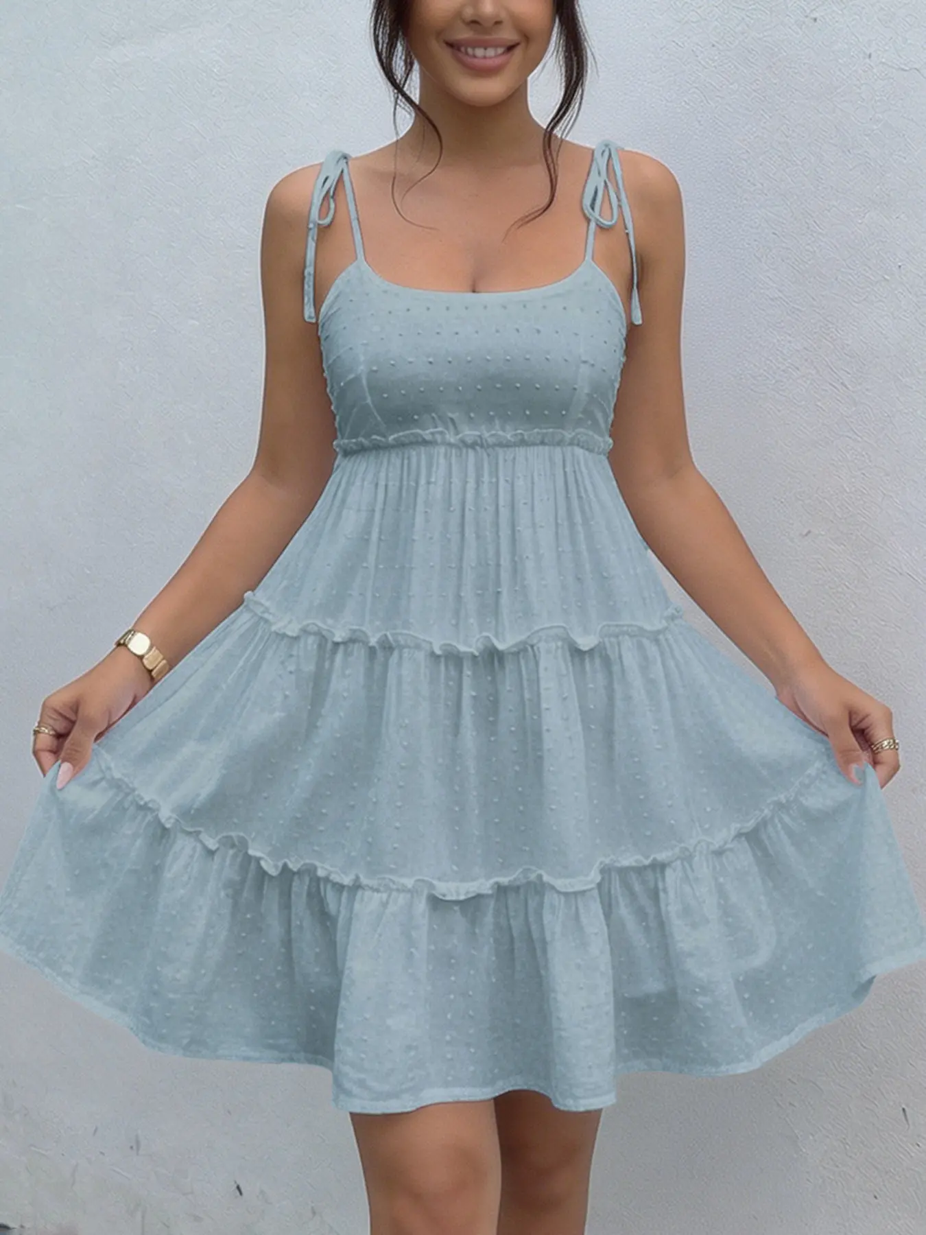 Floral Tie-Back Halter Dress, French Vacation Chic Feminine Casual Style, Summer, Adjustable Straps, Layered Ruffles, Empire Waist, Perfect for Beach & Dates