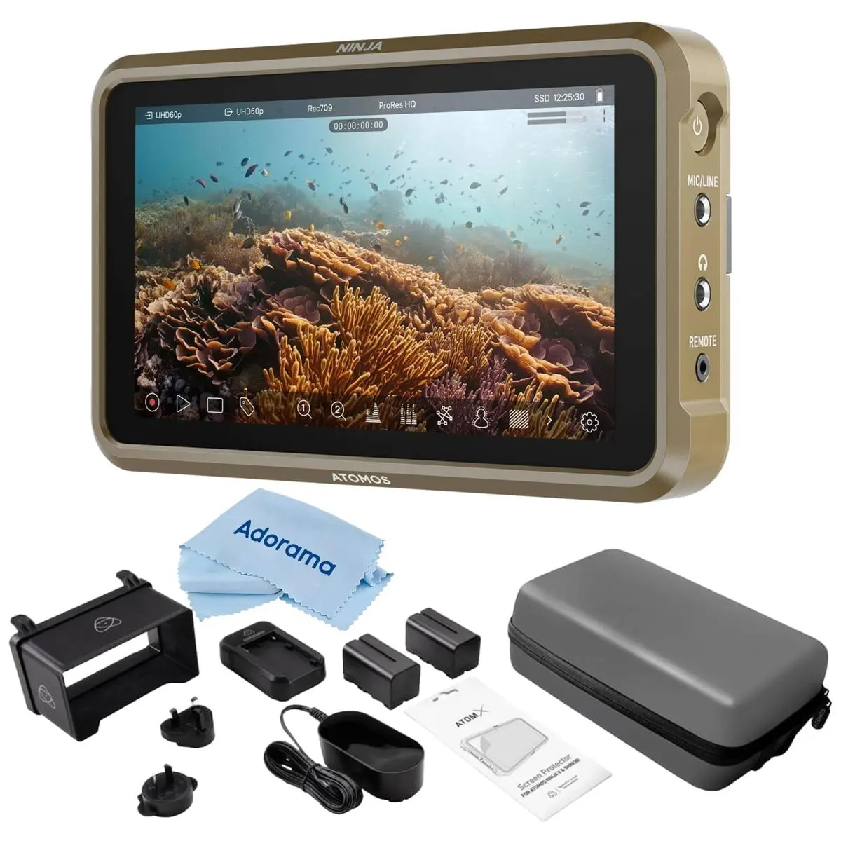 Atomos Ninja V 5" Touchscreen Recording Monitor, 1980x1080, 4K HDMI Input - Bundle with Atomos Power Kit, Microfiber Cloth