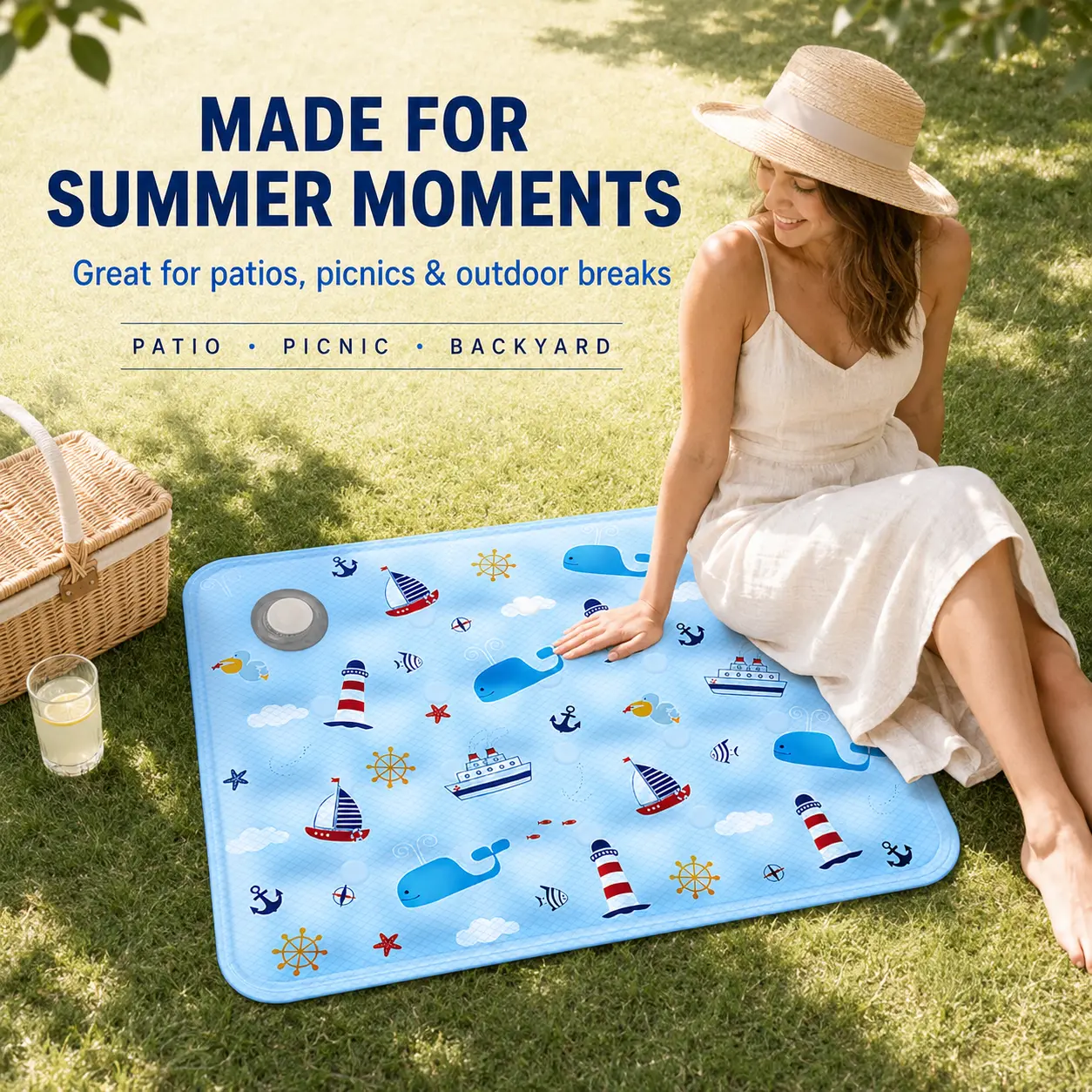 Water-Fill  Picnic Mat, 35.4 x 23.6 in Foldable Easy-Wipe PVC Pad for Summer Patio, Camping and Backyard Use