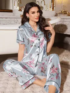 Women's Top & Pants Satin Pyjama Two-Piece Set, Casual Comfy Short Sleeve Lapel Neckline Top & Trousers PJ Set, Ladies Sleepwear & Loungewear Pajamas for All Seasons