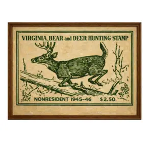 1945–46 Virginia Deer & Bear Hunting Stamp Art, Perfect November Gift for Outdoorsmen, Rustic Wall Decor for Cabin, Lodge & Hunting Rooms