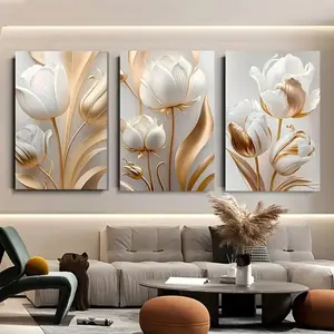 3 Pieces Modern Minimalist 3D Relief Floral Canvas Art, Textured Flower Wall Mural, Refined Home Art, Contemporary Gallery Decor, Soft Tone Painting, Wall Decor for Living Room and Bedroom, Framed or Unframed Options Available.