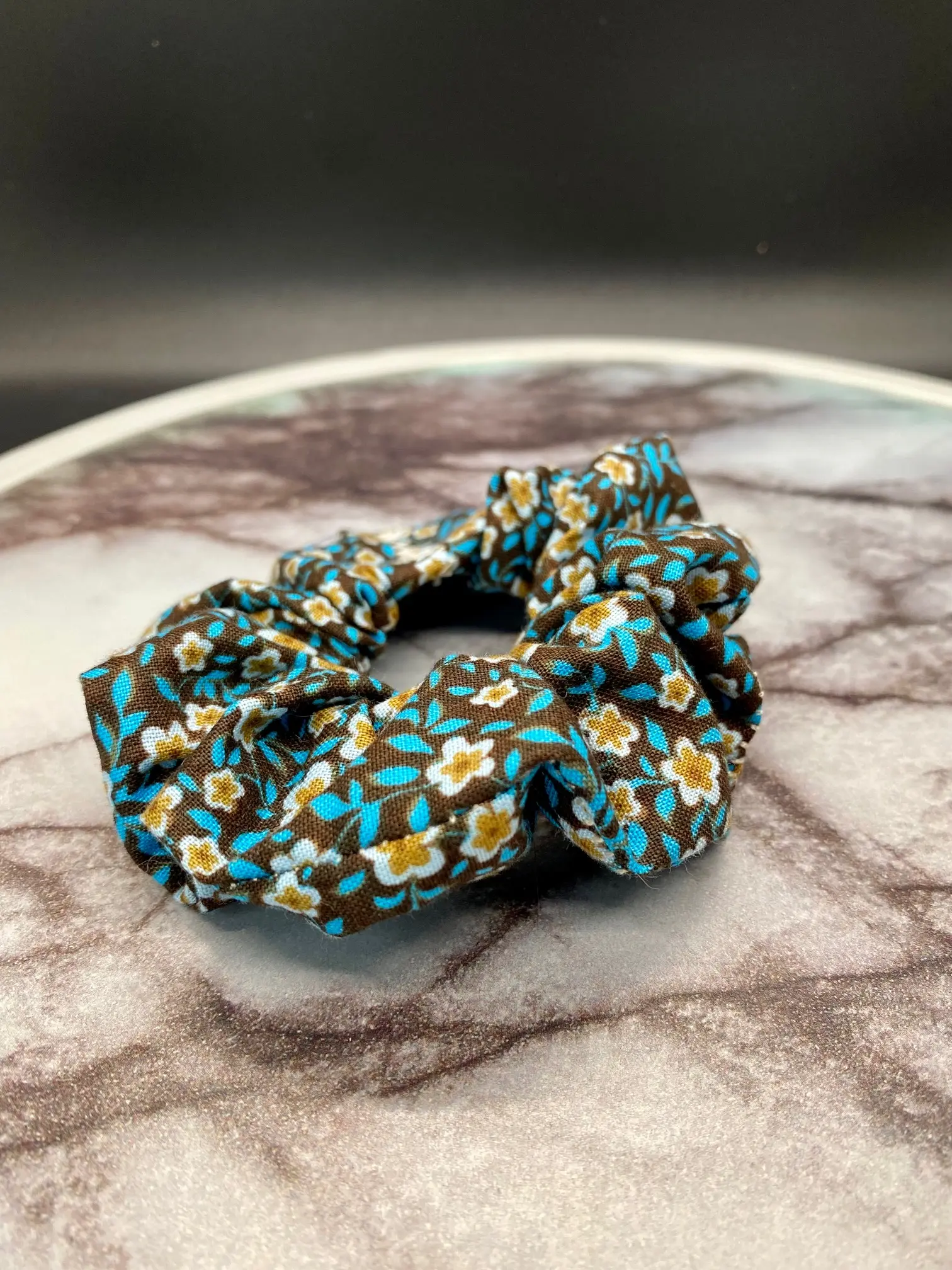 Brown Blue Flowers Hair Scrunchies