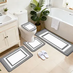 3/4pcs Bathroom Anti-slip Mat Set, Black and White Herringbone Frame, Home Decor Shower Room Door Absorbent Mat, Household Soft Thickened Quick-dry Carpet, Toilet Laundry Room Accessory Foot Mat, Room Bedroom Entrance Doormat, Bathroom Bathtub Anti