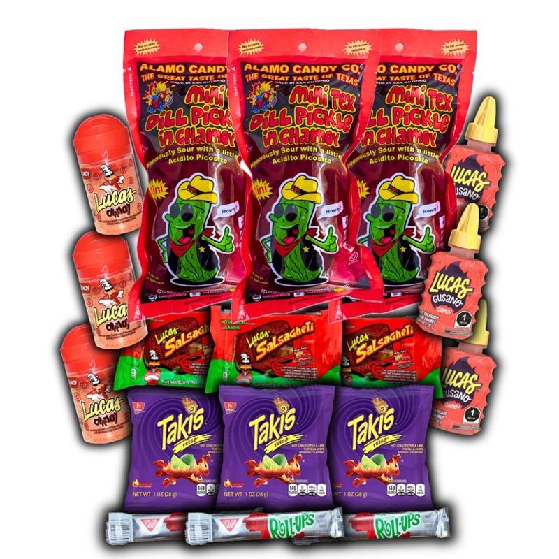 Triple Chamoy Pickle Mini Kit Snack Gift With Takis, Lucas candy, Pickle, Swinkles and Fruit Rolls Ups Spicy Spice Food Intant