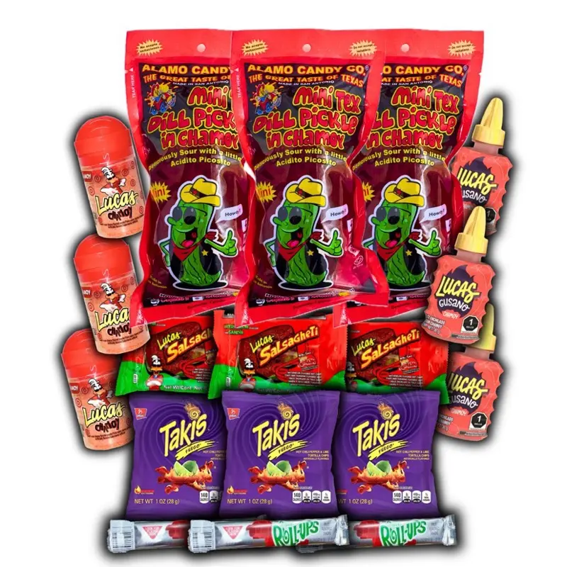 Triple Chamoy Pickle Mini Kit Snack Gift With Takis, Lucas candy, Pickle, Swinkles and Fruit Rolls Ups Spicy Spice Food Intant