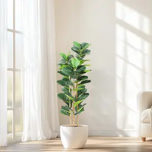 Artificial Fiddle Leaf Fig Tree with White Planter,Fake Tree with Natural Wood Trunk for Home Decor, Faux Ficus Tree Fake Moss for Indoor Office Living Room Decorative Fruit Lightweight Pot Rubber Silk Ornaments 5Ft Decoration Flower