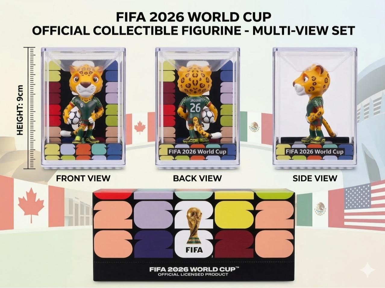 FIFA 2026 World Cup Mascot Figurine Set - Limited Edition Collectible Figurines Featuring Eagle Clutch, Moose Maple, and Jaguar Zavu - High-Clarity Display Case & Exclusive "26" Pitch Base FIFA 2026 World Cup Mascot Figurine Set - Limited Edition Collectible Figurines Featuring Eagle Clutch, Moose Maple, and Jaguar Zavu - High-Clarity Display Case & Exclusive "26" Pitch Base