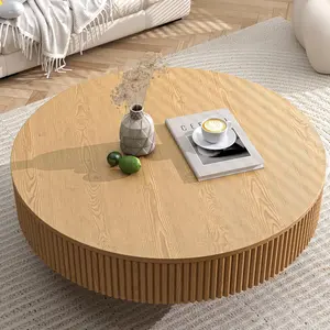 Apicizon 31.5'' Round Fluted Coffee Table, Mordern Wood Coffee Table for Living Room, Boho Drum Table for Small Space, Circle SideTable, Nesting End Table for Apartment, Easy Assembly