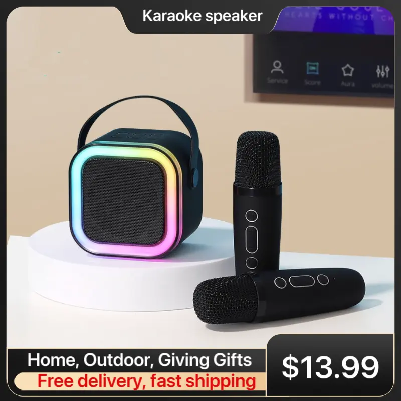 Kids' Mini Karaoke Machine with 2 Wireless Microphones, LED Lights - Long Battery Life, Family Singing - Home Use, Gifts for Ages 4-12+