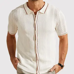 Zaitun men's  hollow striped Knitted Shirt  Chic Patchwork Knitwear