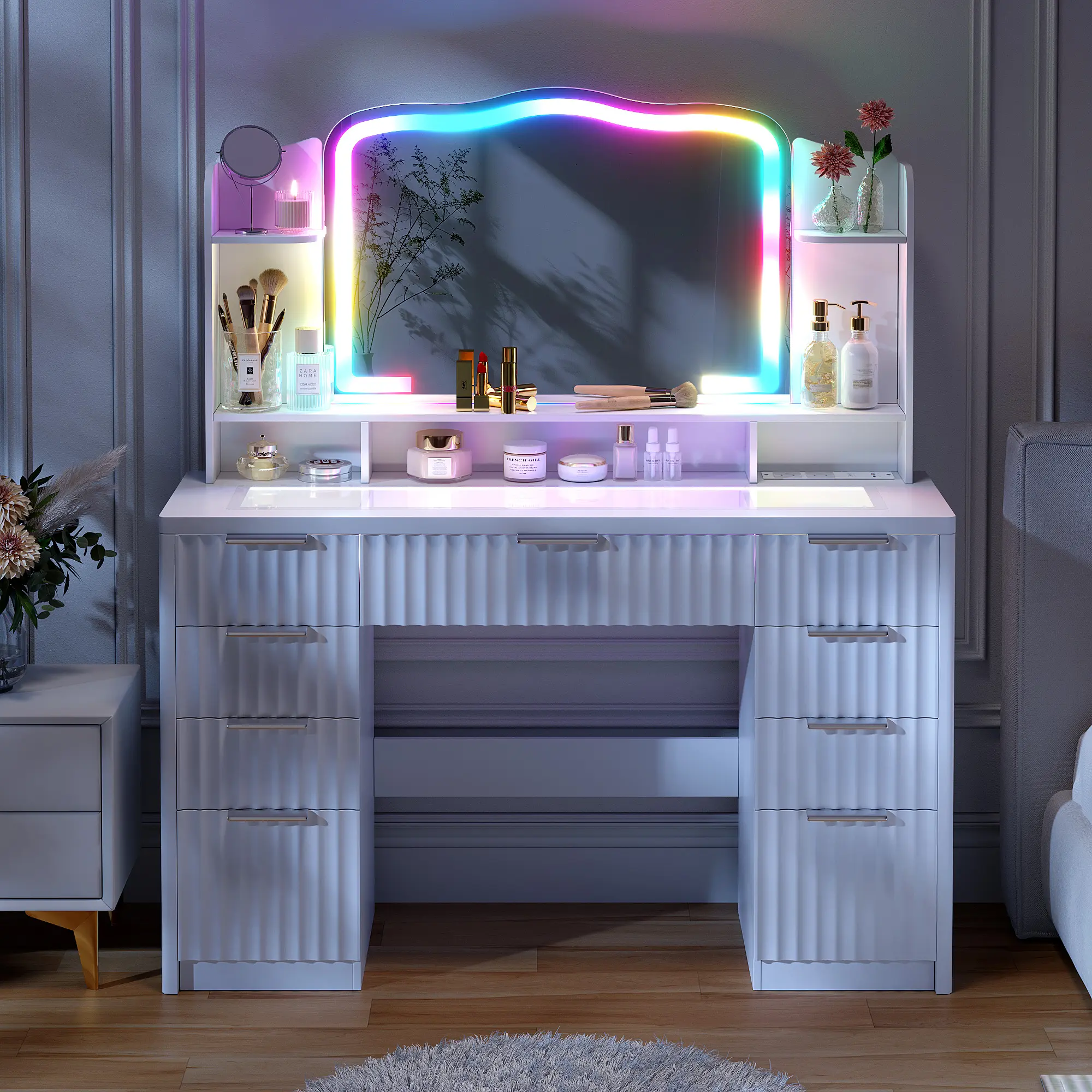 Lvifur Makeup Vanity with Large Storage & RGB Lighting, Vanity Desk with 9 Drawers, Jewelry Organizer, Open Shelves & Charger Station, Dressing Table Gift for Women, Freestanding Vanity, Furniture Vanity Table