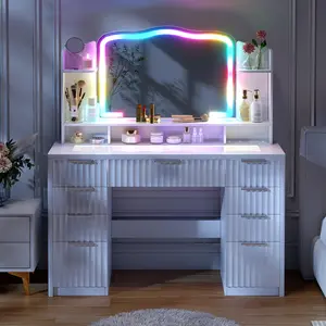Lvifur Makeup Vanity with Large Storage & RGB Lighting, Vanity Desk with 9 Drawers, Jewelry Organizer, Open Shelves & Charger Station, Dressing Table Gift for Women