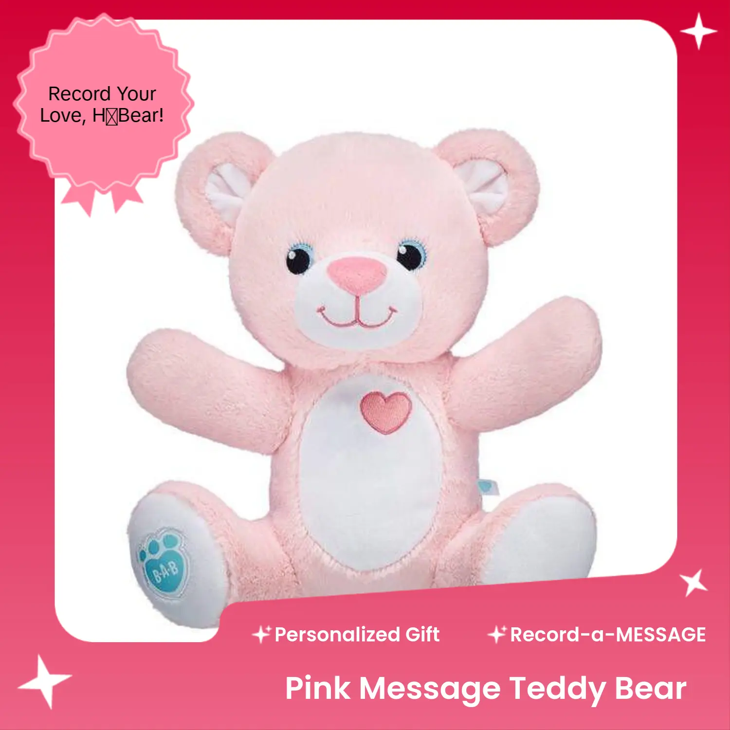 Build-A-Bear 10-in Pink Electronic Interactive Stuffed Bear - Collectible Soft Animal, Personalized Record-a-Message Plush Toy
