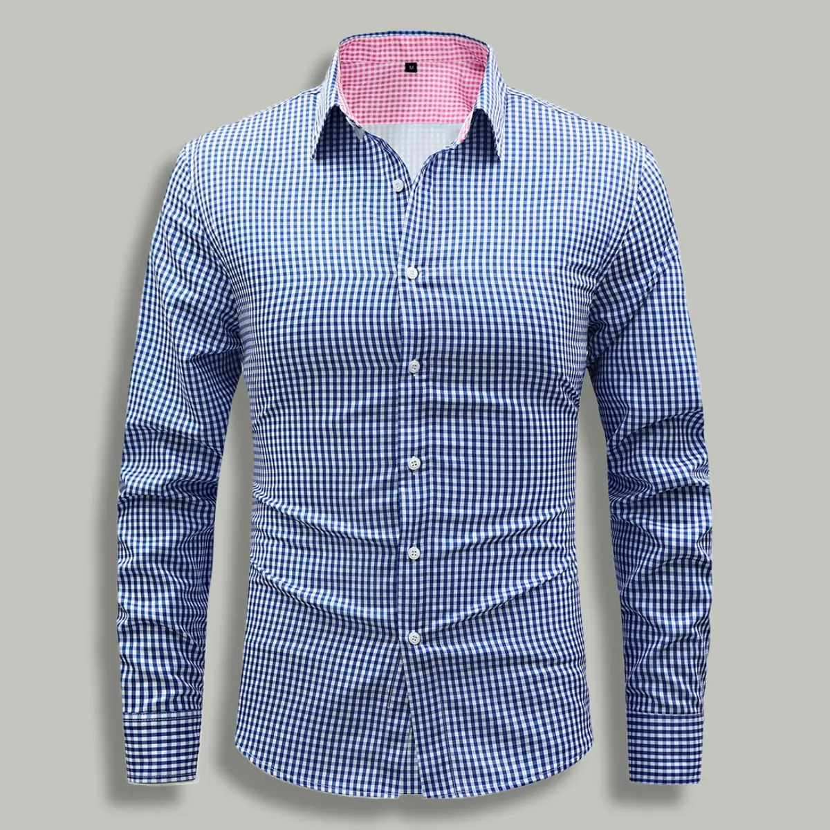 Men's long-sleeve shirt, business formal plaid shirt, single-breasted turn-down collar shirt, 100% polyester