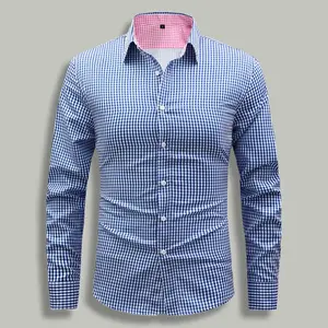 Men's long-sleeve shirt, business formal plaid shirt, single-breasted turn-down collar shirt, 100% polyester fathersdaygift