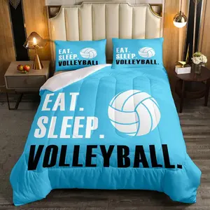 Volleyball Comforter,Ball Sports Luxury Bedding Set,Blue Eat Sleep Volleyball Super Soft Designer Comforter Set,Ball Games Full Size Quilt, Bedding Set For Volleyball Fans, Volleyball Sporty Bedding