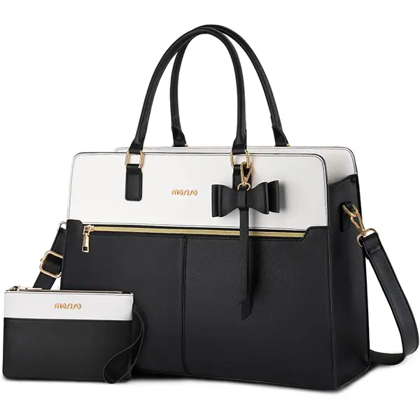 MOSISO Laptop Tote Bag for Women, 15.6 inch Waterproof PU Leather Work Bag | Large Capacity Handbag Shoulder Computer Bags Work Briefcase with Clutch Purse & Bowknot for Business Teacher Office