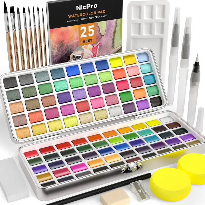 Nicpro Deluxe Watercolor Paint Set - Deluxe Art Set with Metallic Macaron Hues, Fluorescent Hues, Squirrel Hair Brushes, Watercolor Paper, Palette, Gift Box - Portable DIY Painting Supplies, Art Kits for Beginner Artists